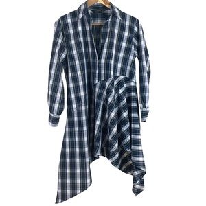 Zara Asymmetrical Tartan Plaid Oversized Tunic Shirtdress Blue Green X-Small